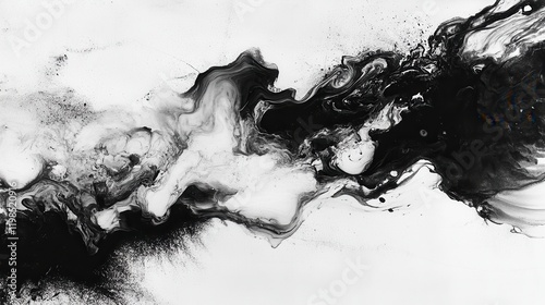 Abstract Black and White Fluid Ink Painting with Flowing Swirls and Splatters on White Background.