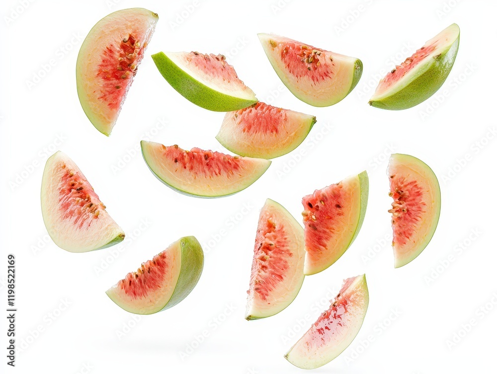 Falling identical guava slices floating in the air isolated on white background Falling identical guava slices floating in the air isolated on white background