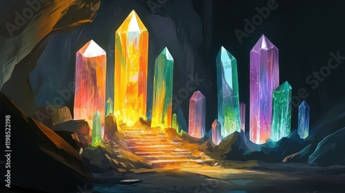 Colorful crystals glowing in a cave, with golden steps leading up to them. photo