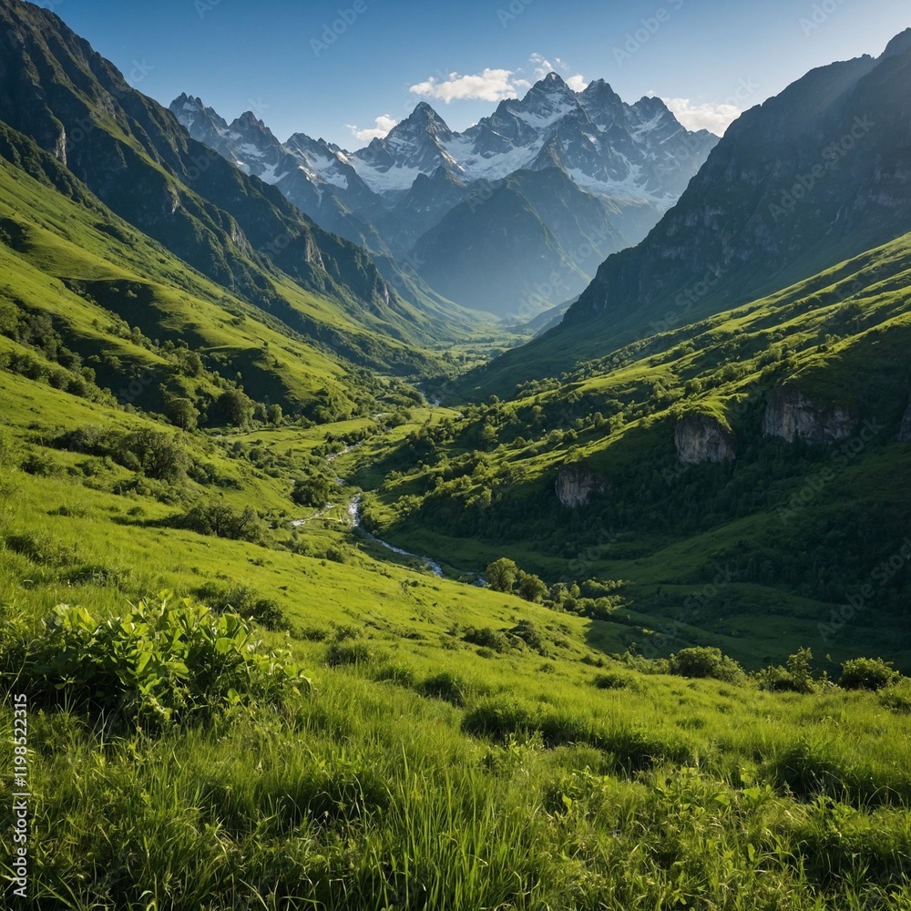 Fototapeta premium A lush green valley surrounded by towering mountains under a clear blue sky.