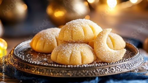 Assorted semolina maamoul or mamoul cookies , awameh or lokma with dallah and ramadan decor crescent moon. Traditional arabic Eid al Adha, Eid al Fitr , Ramadan sweets photo