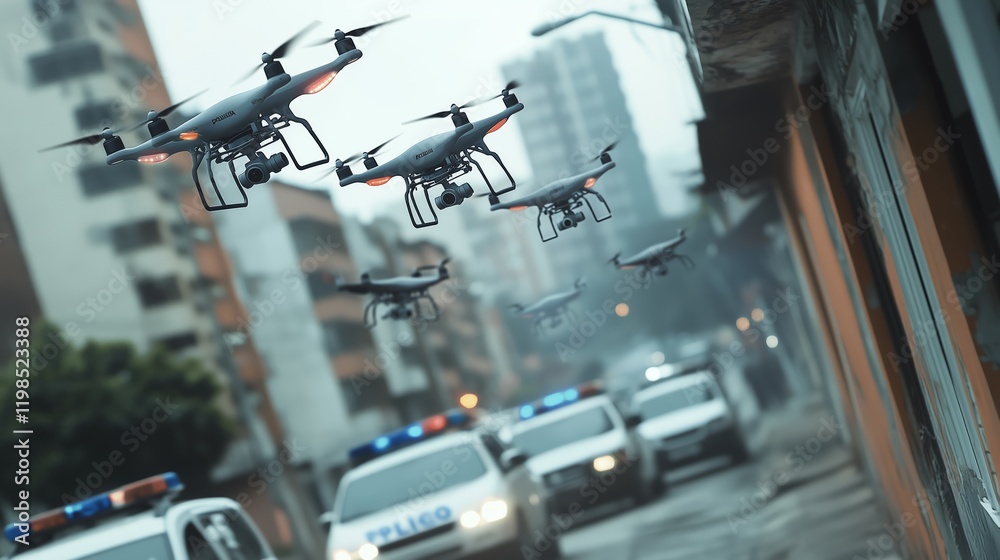 Fototapeta premium Several drones flying over a city based in Brazil, in a police operation.