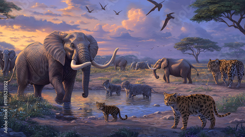 2. A vast savanna during the Pleistocene epoch filled with woolly mammoths and saber-toothed cats, with golden sunlight illuminating the ancient grasslands and reflecting off a distant waterhole 