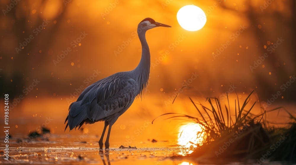 Fototapeta premium Close up of brightly colored herons wading as the morning sun rises