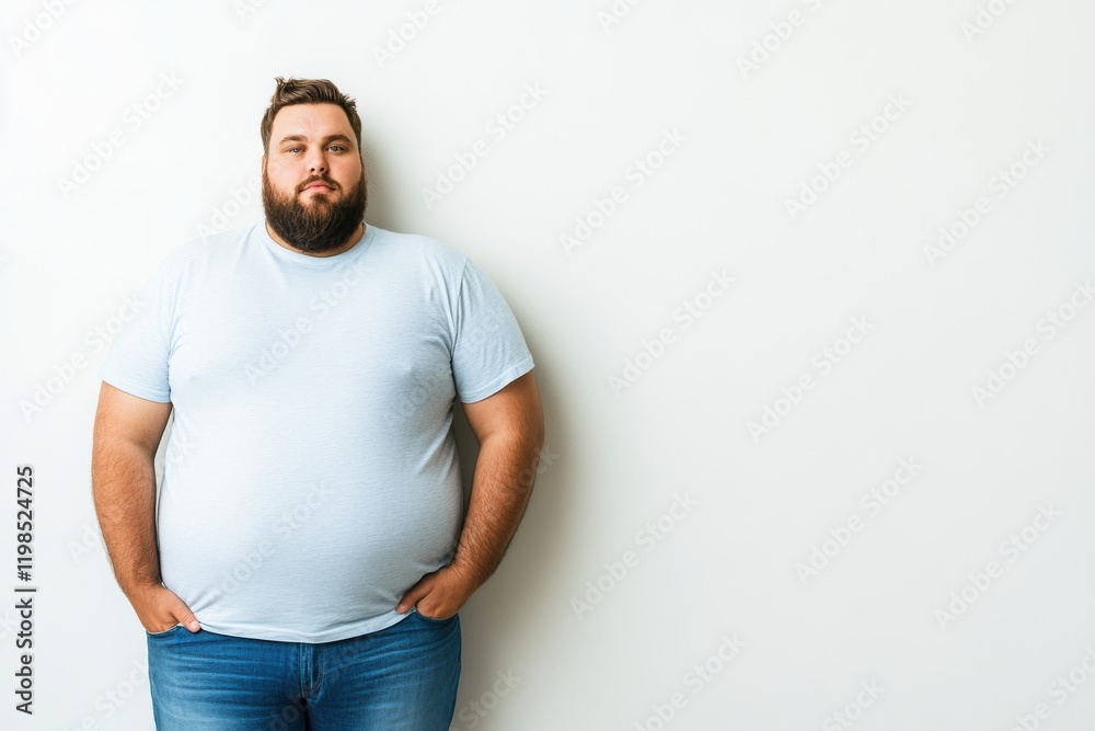 Fototapeta premium Portrait of a serious overweight man with hands in pockets against a white background