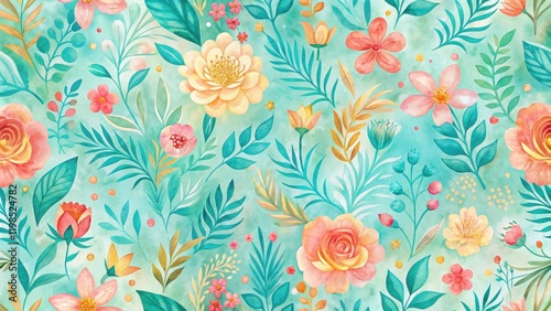 Wallpaper Mural Enchanted Garden A Serene Watercolor Floral Pattern Featuring Delicate Blooms and Lush Greenery on a Soft Aqua Background Torontodigital.ca