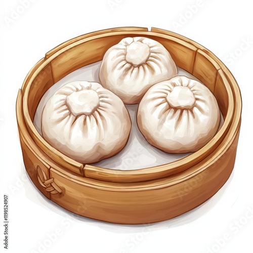 Chinese steamed pork buns national cuisine dish isolated on white background, colorful cartoon illustration photo