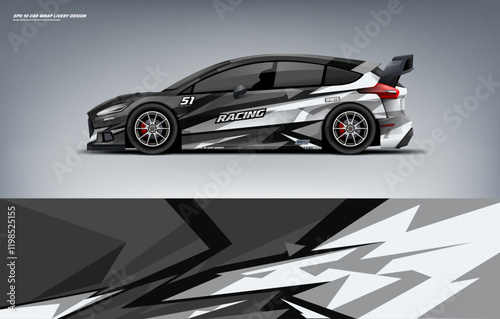 simple black wrap decal or livery design, Hatchback wrap black livery design. branding mockup with racing wrap decal or livery design