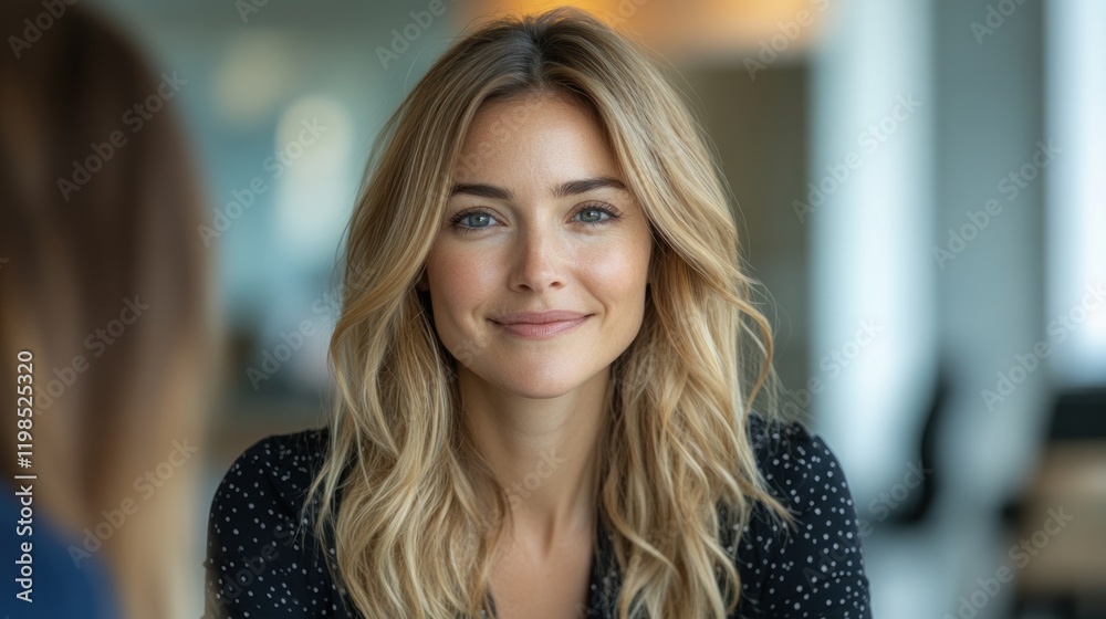 Fototapeta premium Bright and cheerful woman smiling in a modern office setting, with colleagues engaged in discussion