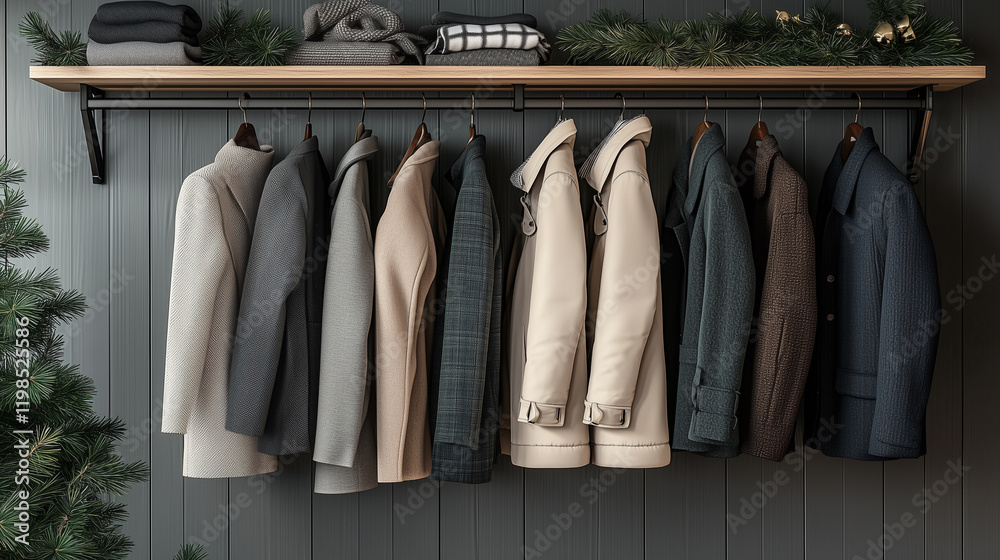 A row of coats hang on a rack, with folded blankets and pine sprigs on a shelf A row of coats hang on a rack, with folded blankets and pine sprigs on a shelf