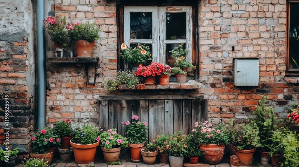 Naklejka premium The front of an old house with flowers in pots on the windowsill, plants and flowers blooming in small terracotta pots on the street, sunny day, photo taken from behind, natural light