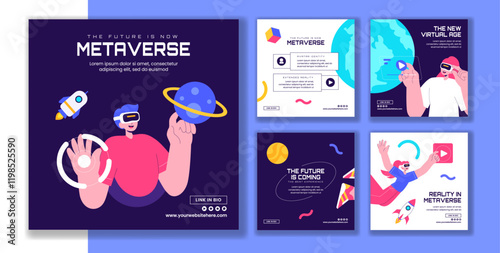 Virtual Reality Metaverse Social Media Post Design in Flat Cartoon Hand-Drawn Style