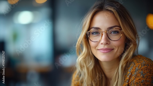 Young woman with glasses smiling warmly in a modern caf?, with blurred background of patrons and decor Free Download Young woman with glasses smiling warmly in a modern caf?, with blurred background of patrons and decor - GFXLoad