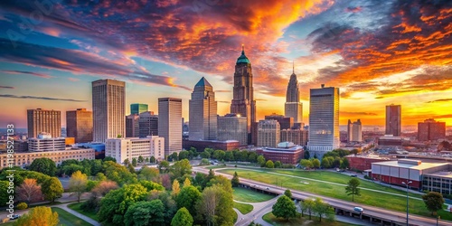 Cleveland Ohio Downtown Skyline Cityscape Panorama at Sunrise - Stock Photo