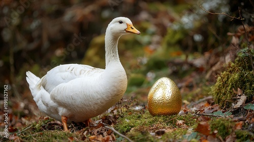 White goose guarding a golden egg in an autumnal forest setting.  Nature photography.