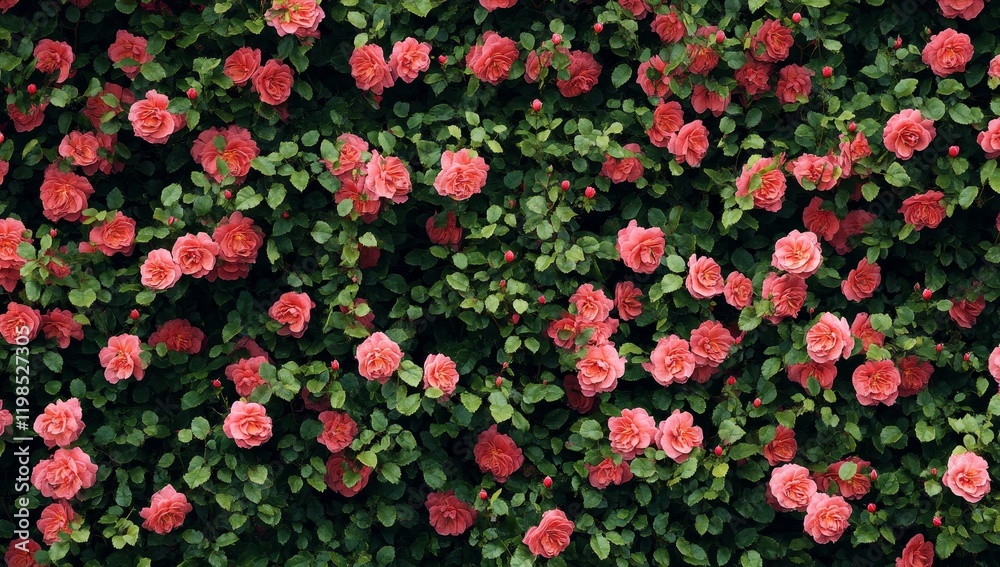 Dense wall of coral roses and green leaves. Dense wall of coral roses and green leaves.