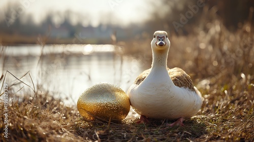 A goose sits proudly next to a large golden egg by a tranquil lake at sunset. The scene is serene and peaceful.