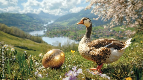 A goose guards a golden egg in a stunning alpine meadow overlooking a lake. The scene is serene and peaceful.