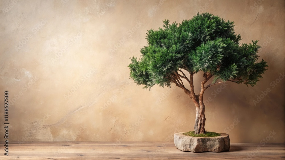 A miniature evergreen tree in a stone pot sits on a wooden surface against a textured wall. A miniature evergreen tree in a stone pot sits on a wooden surface against a textured wall.