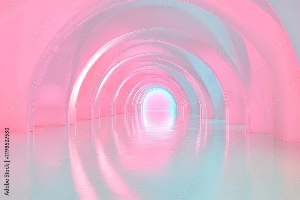 Fototapeta premium Abstract pink and blue arched tunnel with glowing end.