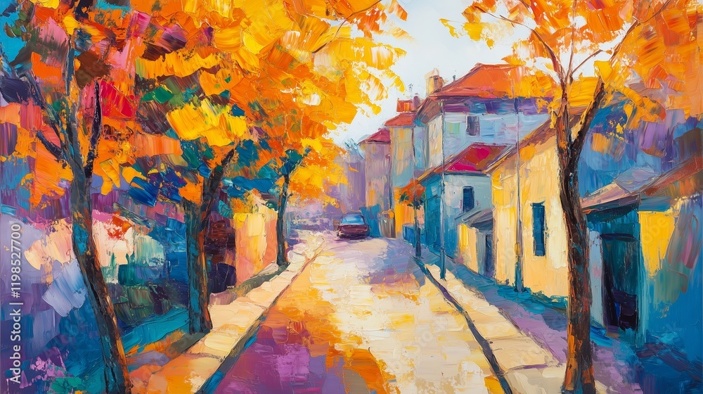 Fototapeta premium Trees, abstracts, houses, bright colors. Oil painting style is strong, light tone, light tone, abstract painting style, oil painting strokes.