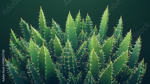 Close-up view of a vibrant green succulent with sharp spines. The plant's texture and color are beautifully showcased against a dark background.