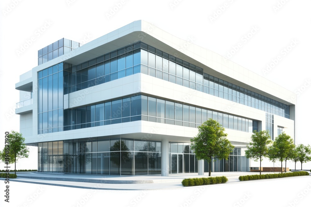 Modern building, contemporary architecture, glass facade minimalist design daytime scene, trees and landscaping clear sky Modern building, contemporary architecture, glass facade minimalist design daytime scene, trees and landscaping clear sky