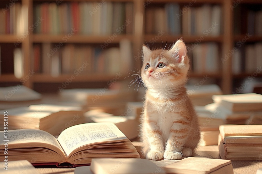 Cute Cat Sitting Among Open Books in Library Cute Cat Sitting Among Open Books in Library