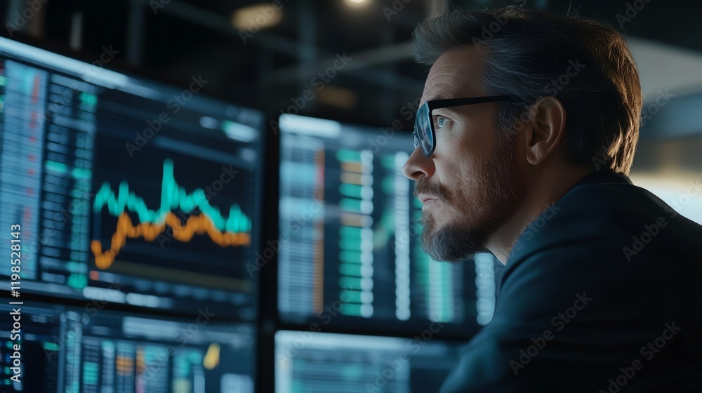 Professional Analyst Examining Financial Data Trends and Market Fluctuations in a Modern Office Environment During Daytime Professional Analyst Examining Financial Data Trends and Market Fluctuations in a Modern Office Environment During Daytime