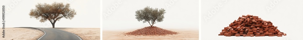 Fototapeta premium Three images lone tree by road, tree on mound, pile of bricks.
