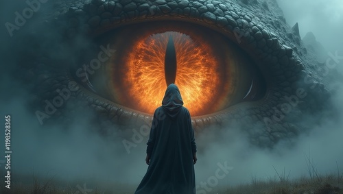 mystical a hooded man stands Infront of a detailed dragon's eye foggy mist filled background  photo