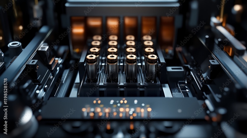 Close-up of a large format inkjet printers mechanism, showcasing ink cartridges and precision-engineered print head. High-resolution details of the inner components. Close-up of a large format inkjet printers mechanism, showcasing ink cartridges and precision-engineered print head. High-resolution details of the inner components.