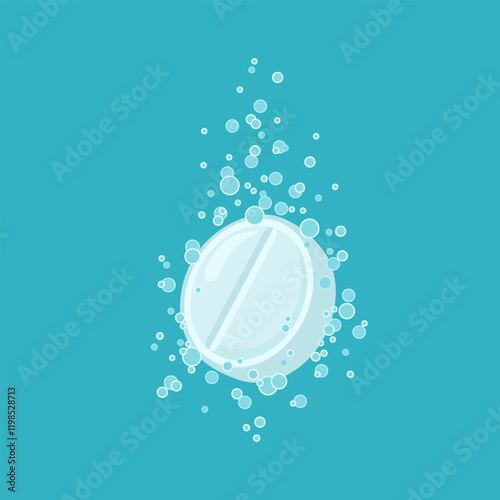 Effervescent dissolving tablet in blue water with bubbles. Vector cartoon flat illustration.