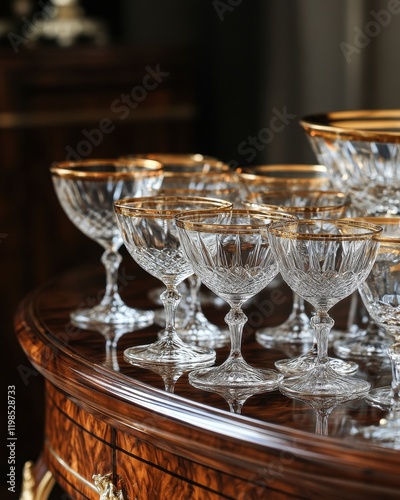 Elegant Crystal Champagne Coupes with Gold Rim on Polished Wood Table.