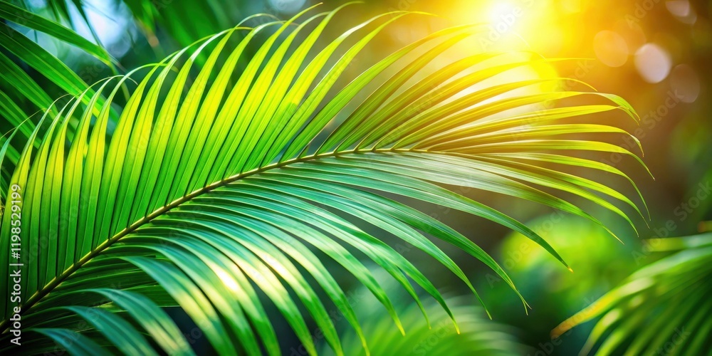 Obraz premium Lush Tropical Frond Illuminated by Golden Sunlight, a Vibrant Display of Nature's Beauty