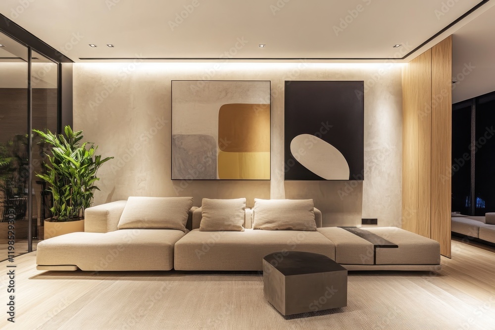 Modern living room minimalist decor beige sofa abstract wall art indoor plants cozy ambiance Modern living room minimalist decor beige sofa abstract wall art indoor plants cozy ambiance
