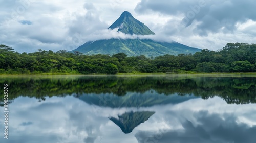 Uma montanha imponente refletida em um lago sereno, com nuvens escuras ao fundo, representando momentos. photo