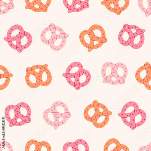 Seamless pattern with pretzels in pink pastel colors. Vector graphics.
