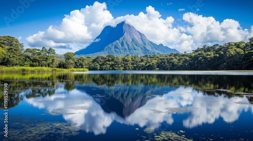 Uma montanha imponente refletida em um lago sereno, com nuvens escuras ao fundo, representando momentos. photo