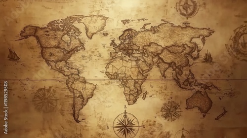 Wallpaper Mural A detailed vintage world map with sepia tones, intricate compass roses, and old-style typography on a textured parchment background Torontodigital.ca
