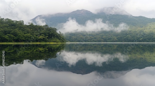 Uma montanha imponente refletida em um lago sereno, com nuvens escuras ao fundo, representando momentos. photo