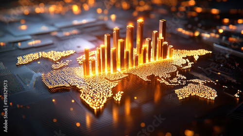 modern artistic depiction of global economic growth with glowing data visualizations over world map. This captures essence of financial progress and innovation