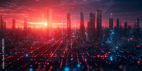Futuristic cityscape with neon lights and shapes, Generative AI