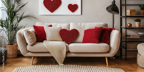 valentines day cozy living room with heart-shaped decor
