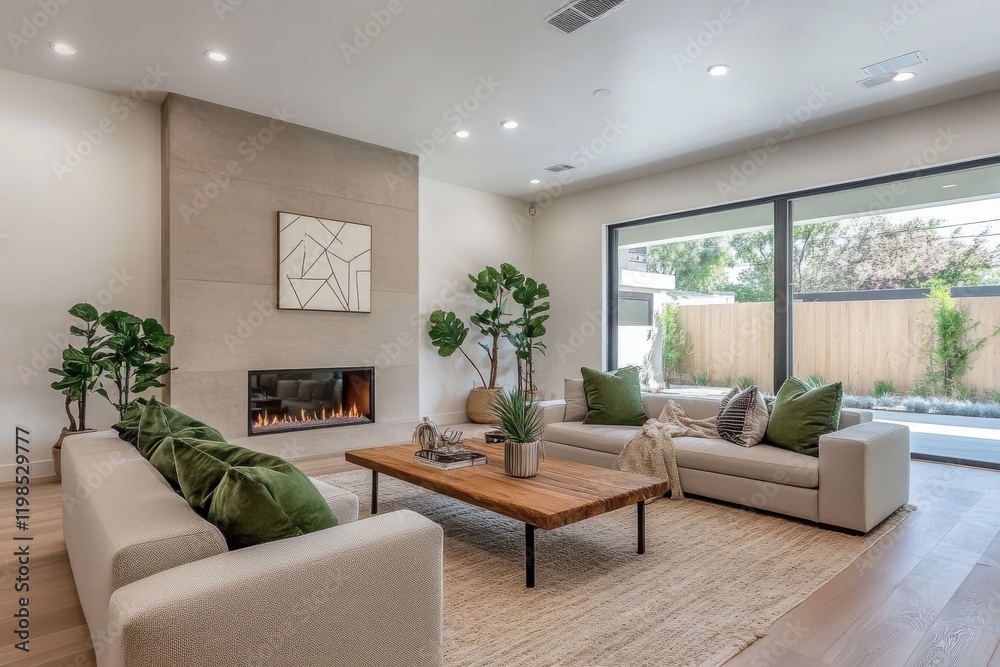 Fototapeta premium Modern living room minimalist design fireplace cozy ambiance light gray sofas green cushions
