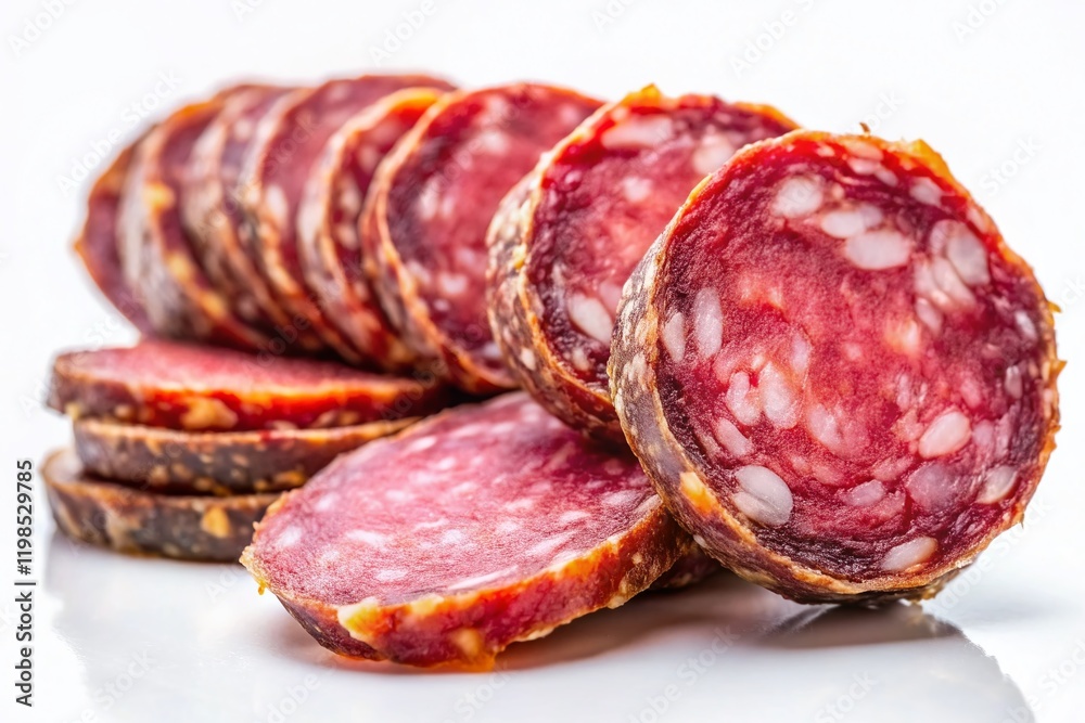 Close-up of Dried Sliced Salami, Isolated on White Background - Gourmet Delicatessen Meat Close-up of Dried Sliced Salami, Isolated on White Background - Gourmet Delicatessen Meat