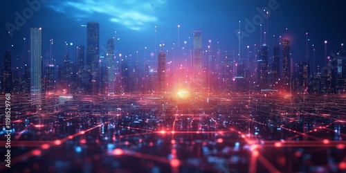 Futuristic cityscape with neon lights and shapes, Generative AI