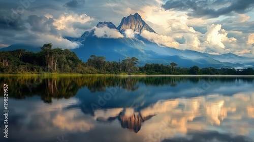 Uma montanha imponente refletida em um lago sereno, com nuvens escuras ao fundo, representando momentos. photo