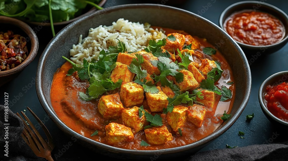Fried paneer butter masala garnished in a frying pan, closeup Fried paneer butter masala garnished in a frying pan, closeup
