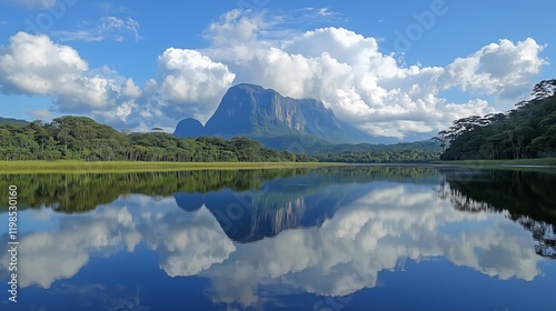 Uma montanha imponente refletida em um lago sereno, com nuvens escuras ao fundo, representando momentos. photo